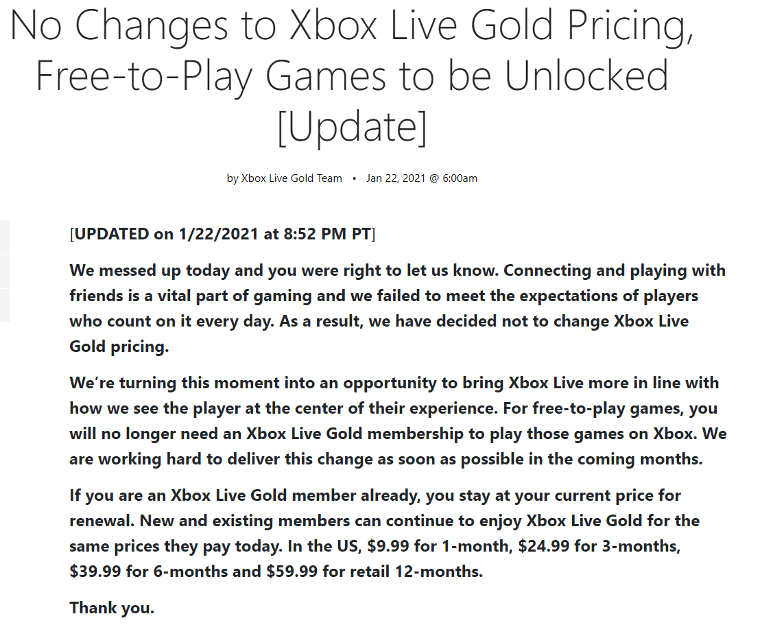XBOX Live Gold Pricing