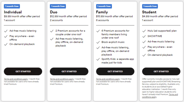 Example (Spotify): Spotify's US lineup runs from a free, ad-supported tier up to paid Premium plans: Student at $6.99 a month, Individual at $12.99, Duo at $18.99 for two people, and Family at $21.99 for up to six accounts (prices as of 2026). The free and Student tiers bring in listeners who would not pay full price, without discounting the Individual plan. Each lower-priced option is fenced: the free tier has ads and limits, and Student requires verified enrollment, so full-price customers have little reason to trade down.