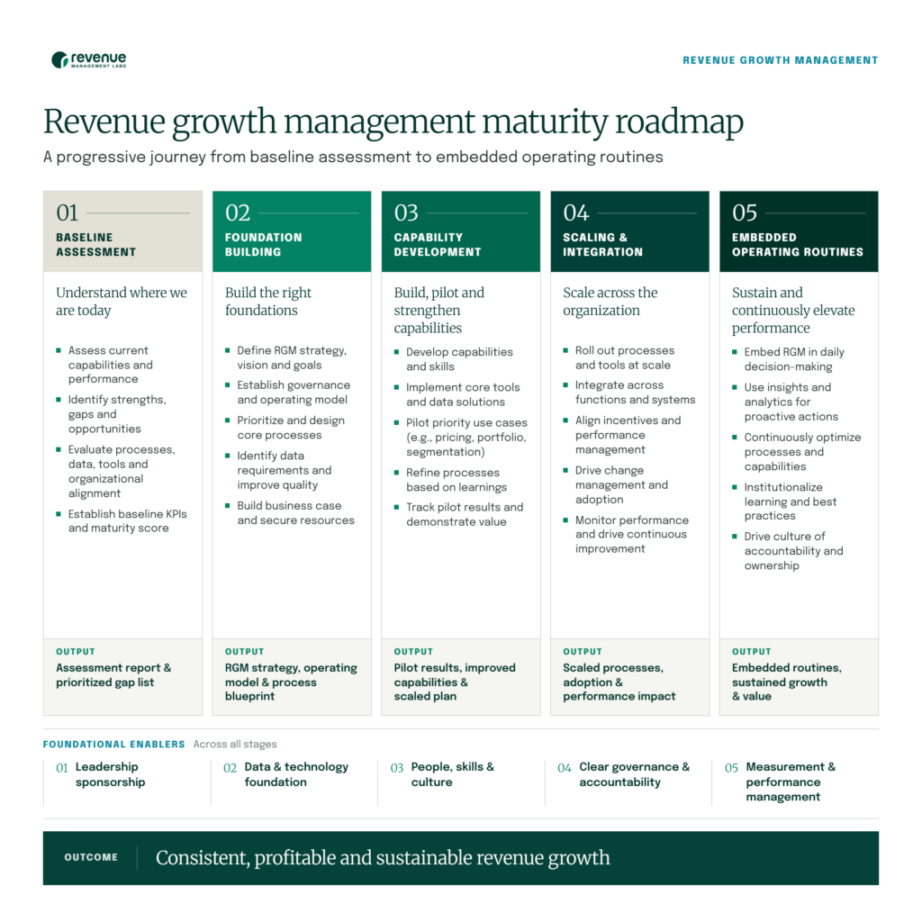 Five-stage revenue growth management maturity roadmap: baseline assessment, foundation building, capability development, scaling and integration, and embedded operating routines, each with key activities and outputs.