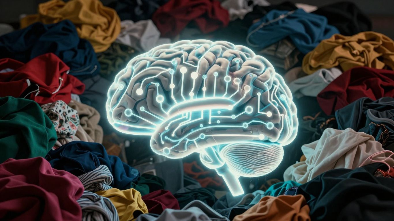 AI brain analyzing thrift store clothing pile.
