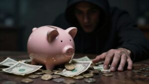 Cracked piggy bank with money spilling out, shadowy figure.