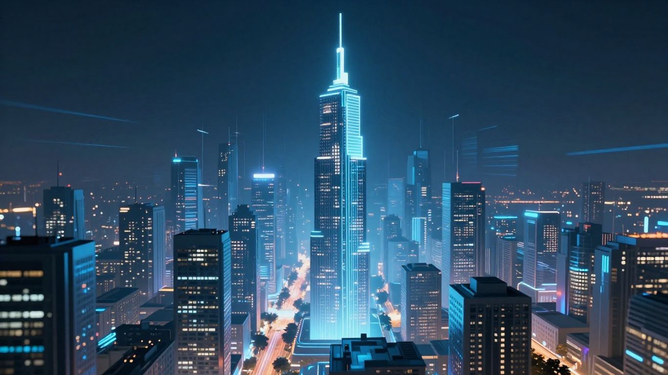 Futuristic cityscape with AI elements and glowing digital streams.