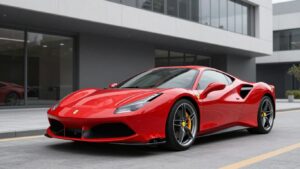 Red Ferrari sports car in front of modern building.