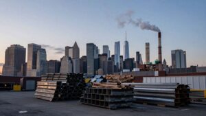 New York City skyline and manufacturing materials.