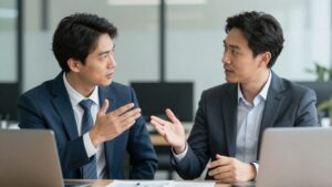 Business professionals discussing pricing strategy in an office.