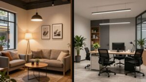Airbnb interior transitioning to modern office space.
