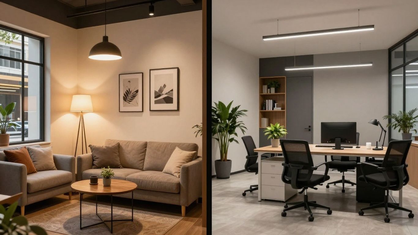 Airbnb interior transitioning to modern office space.